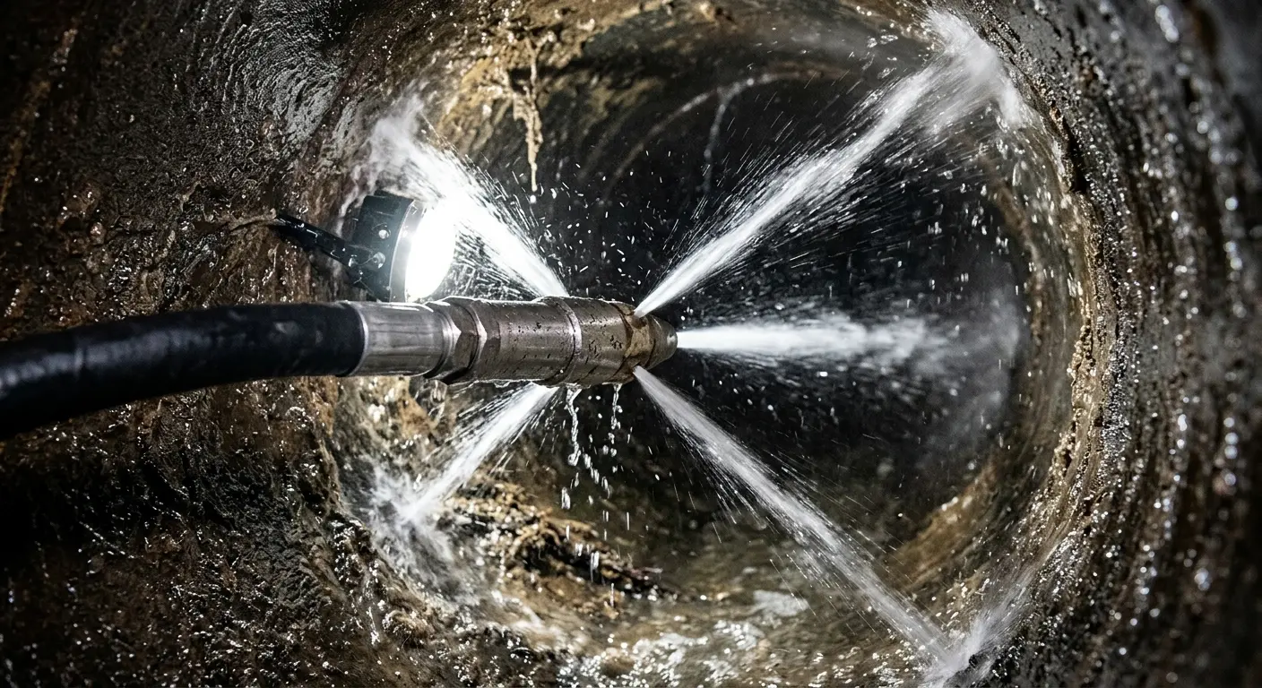 High-pressure hydro jetting nozzle cleaning sewer pipe for Trenchless Sewer Repair in Lakewood