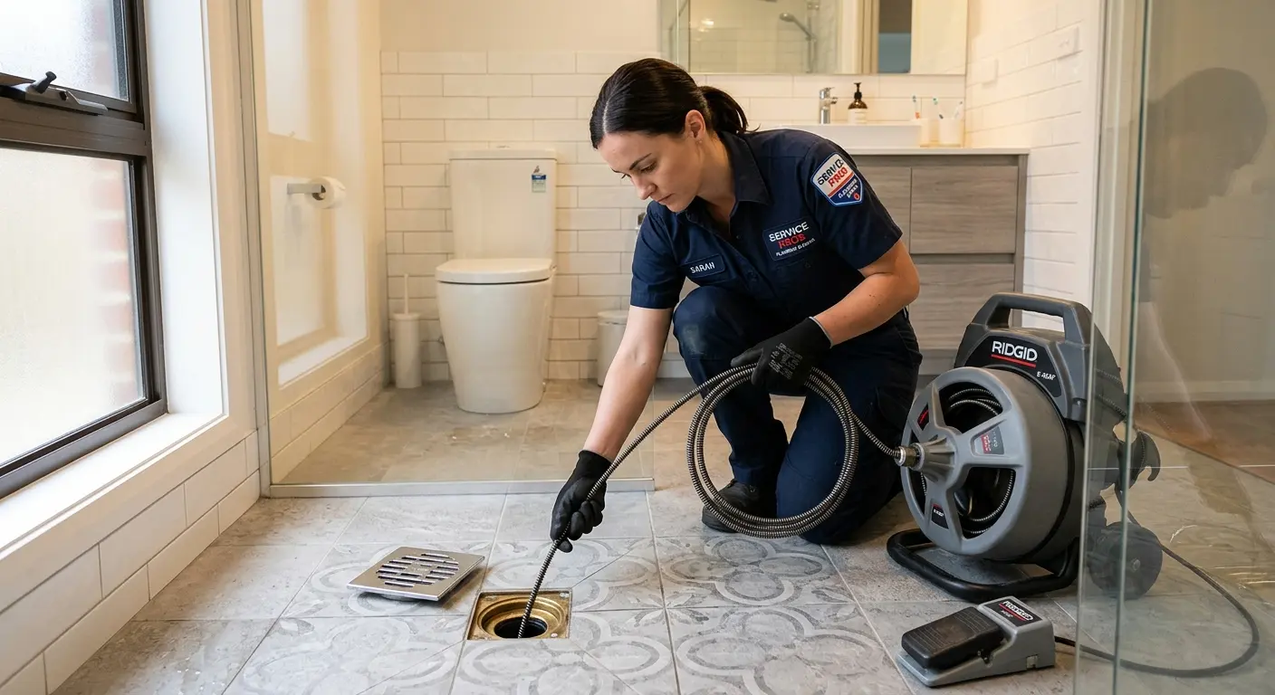 Technician clearing a bathroom floor drain for Drain Cleaning in Lakewood